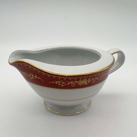 Noritake Goldhill 6613 Gravy Boat w Underplate Red Gold Trim Japan EUC
